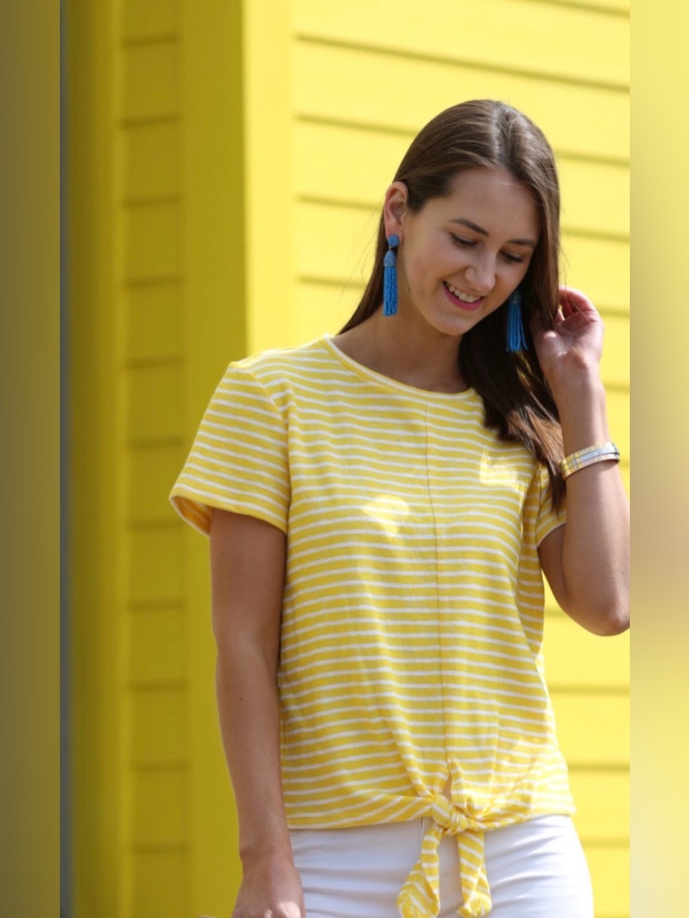 a new day Yellow and White Striped Tie-Front Short Sleeve Tee